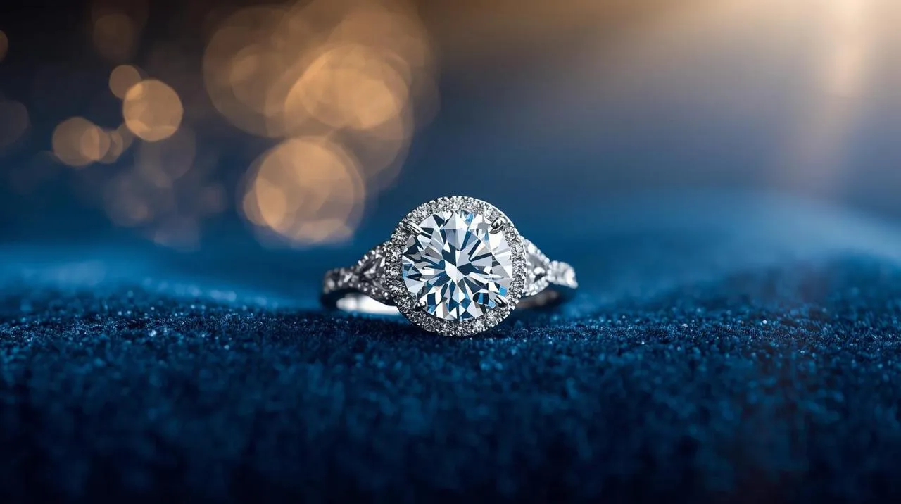 Diamond ring on deep blue velvet with golden bokeh lights, elegant luxury jewelry macro shot.