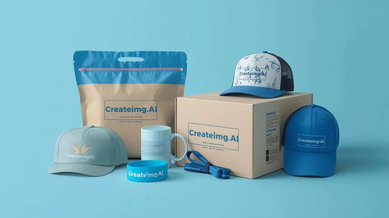 Outdoor sports brand Createimg.AI visual display featuring a blue-themed packaging bag, hat, carton box, wristband, and lanyard in a fun, simple, and modern style.