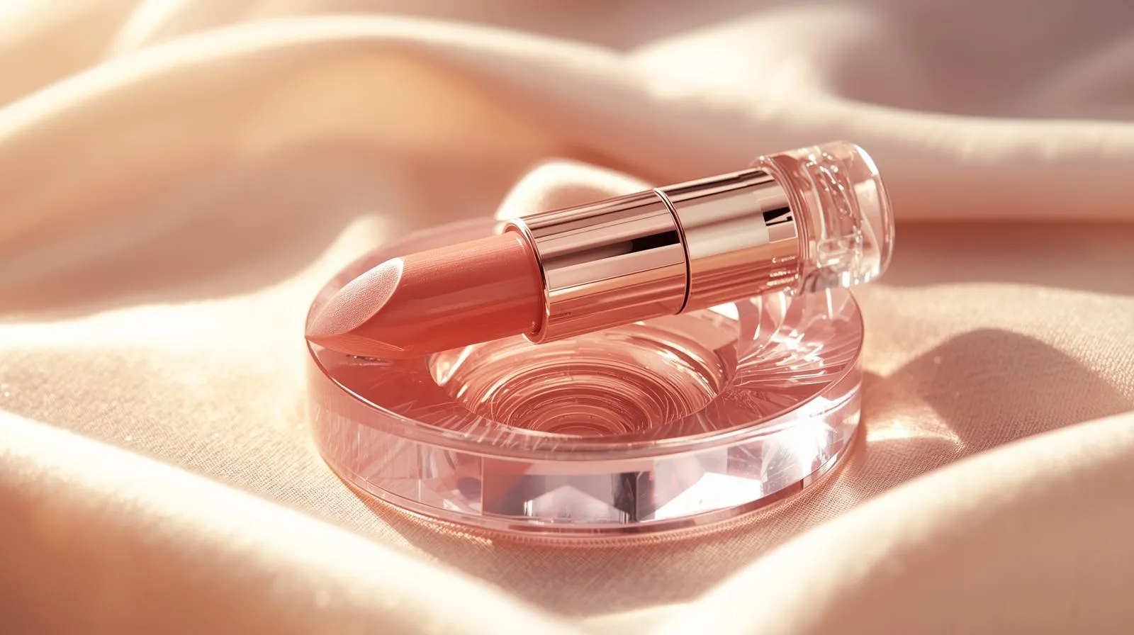 Luxury champagne pink lipstick on glass stand with soft morning light and silk background, high-end cosmetic photography.