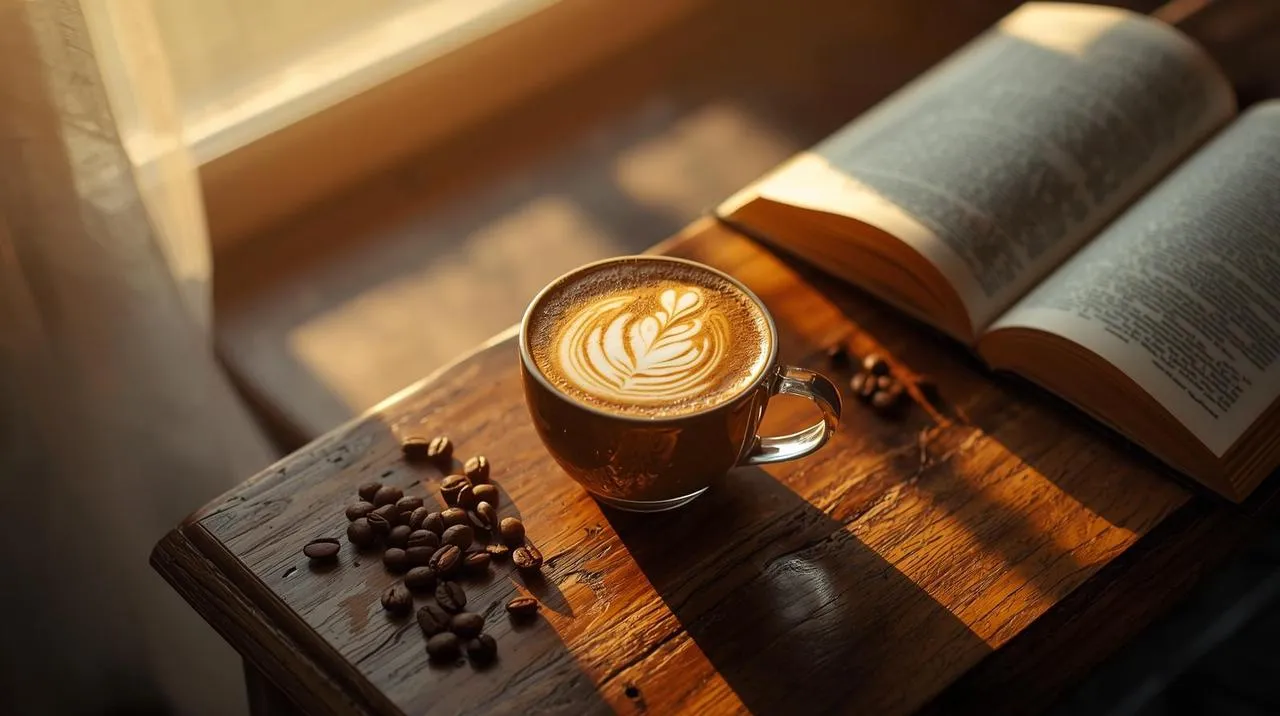 Cup of latte with latte art on wooden table under warm morning sunlight, cozy lifestyle photography.