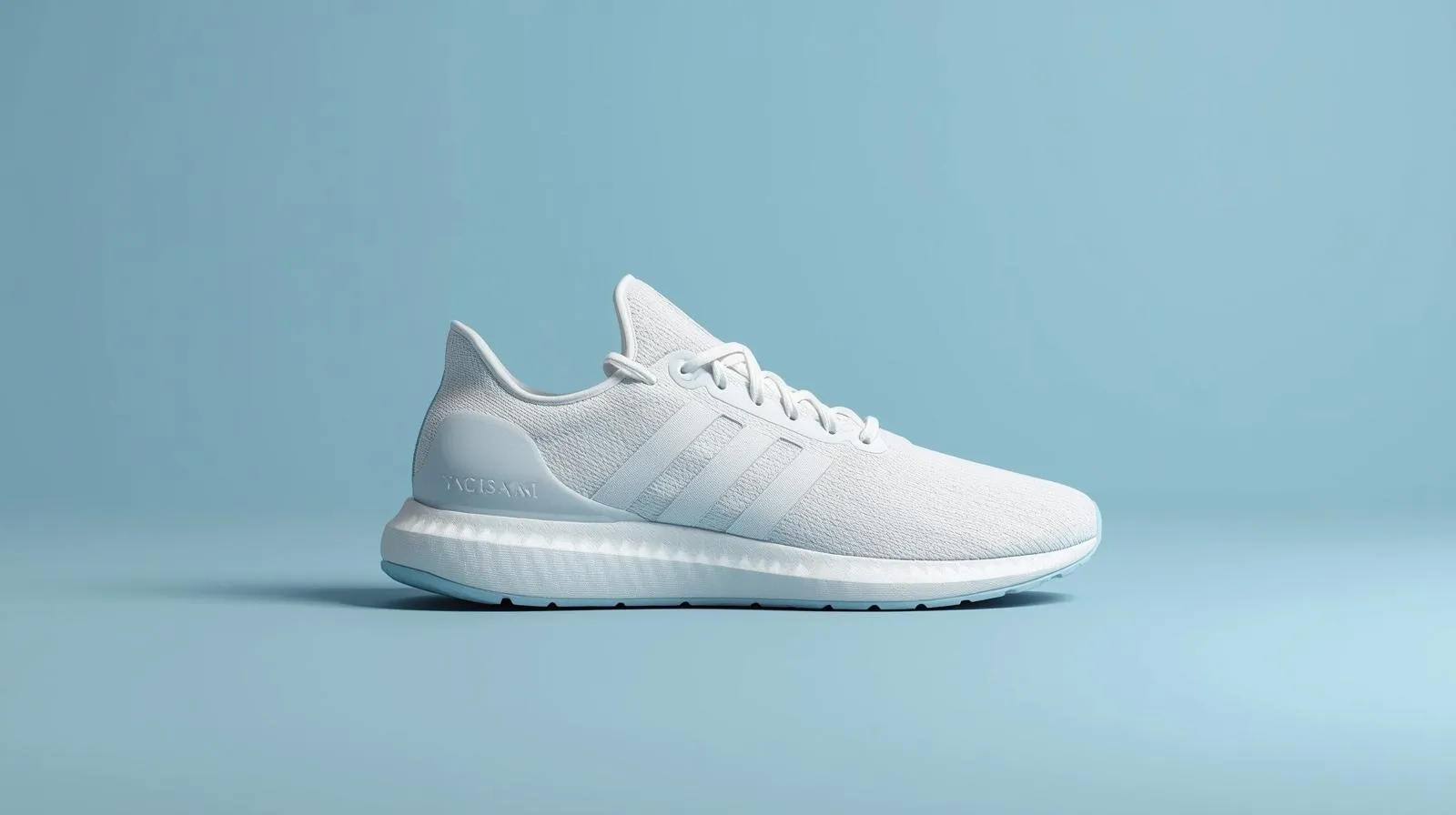 White sneakers on light blue background with soft studio lighting, clean minimalist e-commerce product photo.