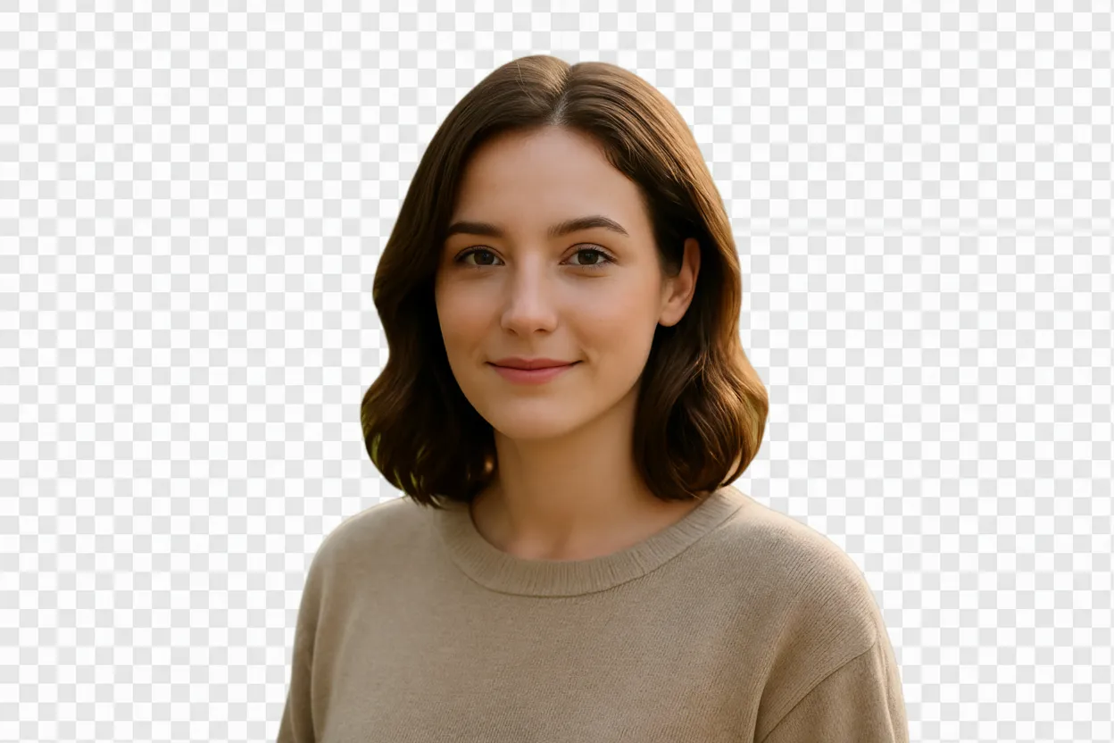 Portrait with transparent background processed by Createimg.ai’s Flux.1 Kontext Max, preserving fine hair details and natural tones.