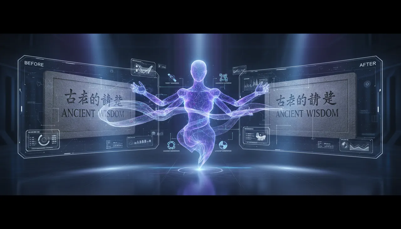 Qwen Image Edit AI editing multilingual text inside an image with holographic interface and perfect layout precision