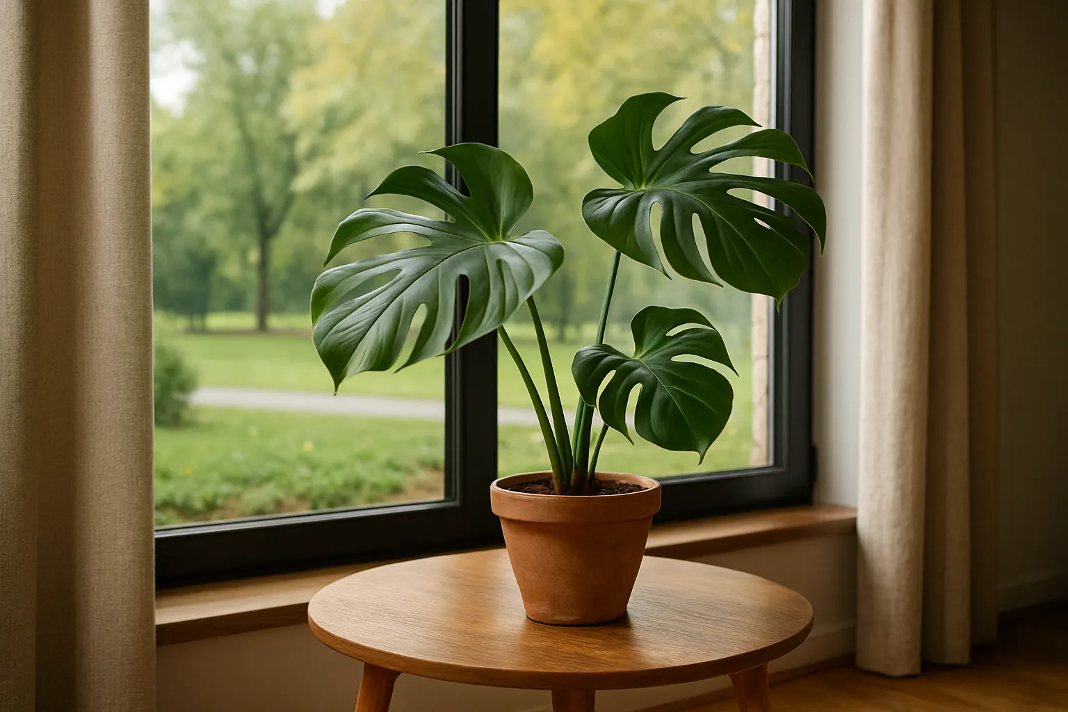 Flower pot on windowsill before AI background removal — full interior scene with natural daylight.