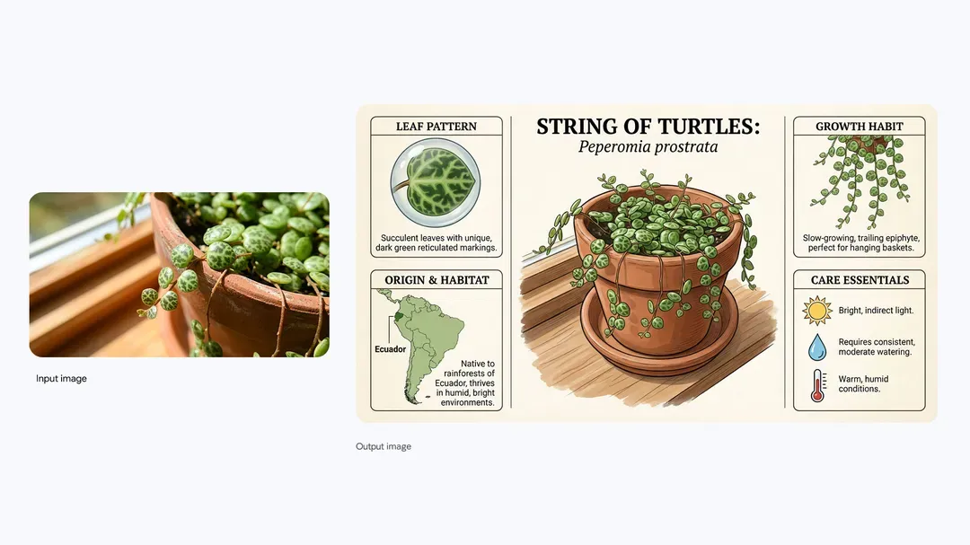 Infographic generated with Nano Banana Pro showcasing the indoor plant “turtle string,” featuring its origin, care tips, and growth patterns, created based on a prompt to highlight interesting key information with a clean, structured visual layout.