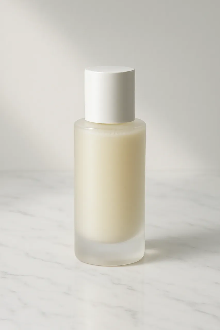AI-generated product photo of a skincare bottle with soft lighting and clean background