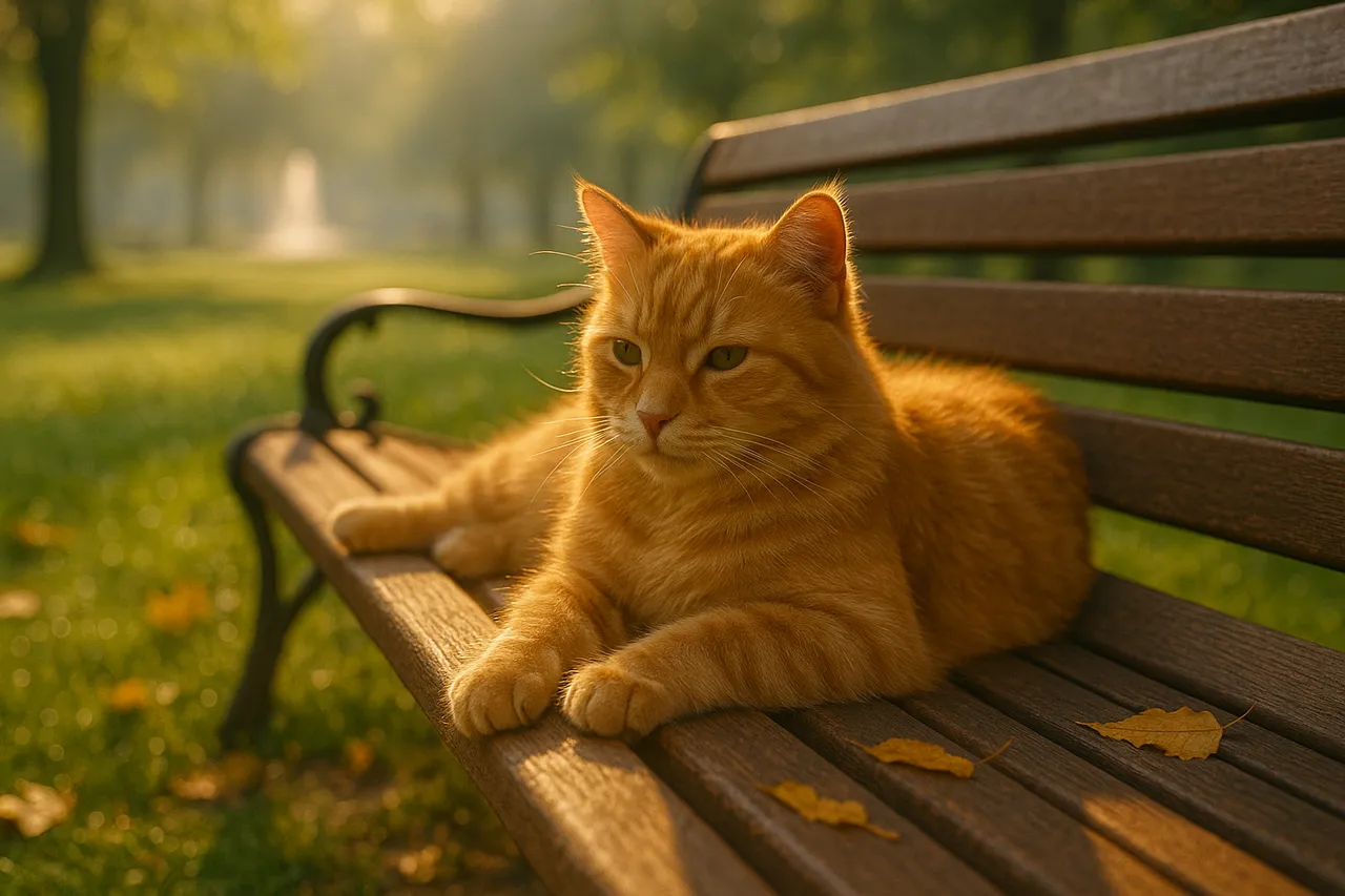 Photorealistic AI-generated image of an orange cat resting on a sunlit park bench with soft golden morning light and natural background, created with Nano Banana