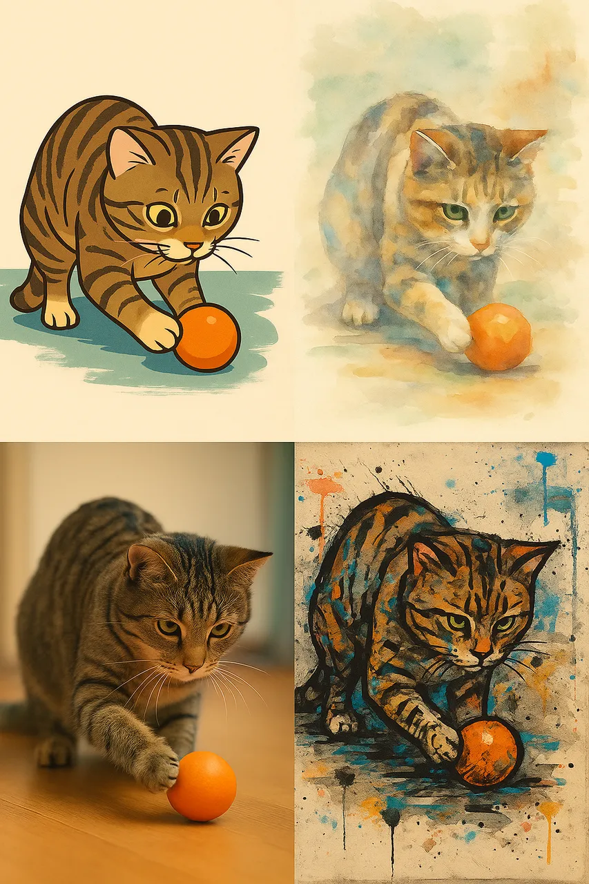  A four-panel image of a tabby cat playing with a ball shown in four styles: cartoon, watercolor, photorealistic, and graffiti.