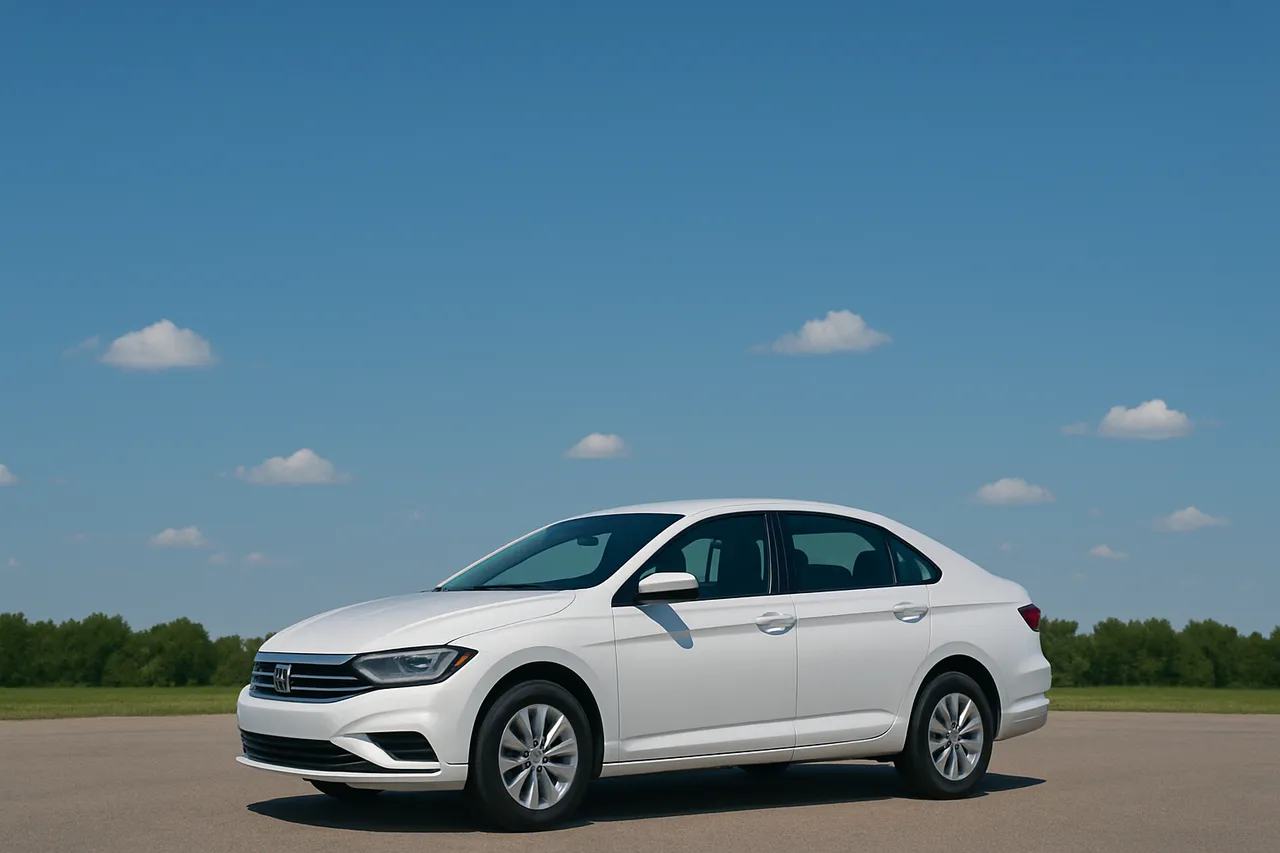 A white sedan parked on an open road under a bright blue sky with scattered clouds, photographed from a distance with clear natural lighting and a calm scenic background.