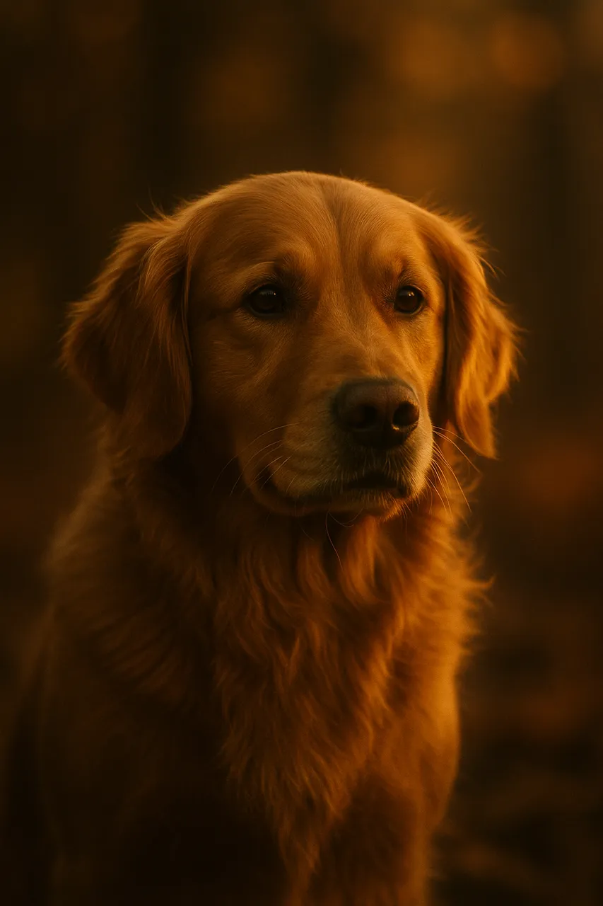 A cinematic portrait of a golden retriever bathed in warm sunset light, with soft focus background and artistic atmosphere.