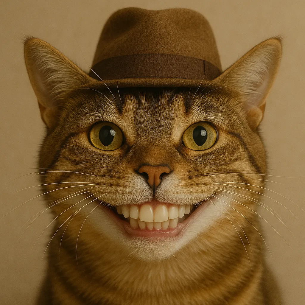  A realistic smiling cat wearing a lifelike brown hat, photorealistic portrait with soft lighting and detailed fur texture.