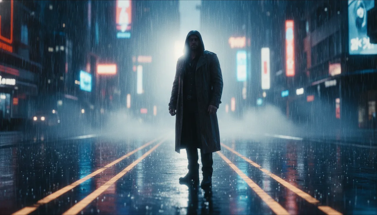 Cinematic AI-generated movie scene showing hero in rain with dramatic neon lighting
