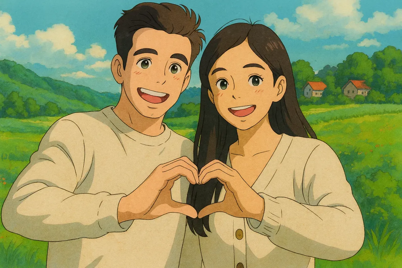 Ghibli-style illustration of a smiling couple forming a heart shape with their hands, standing in a bright green meadow under a blue sky with soft clouds, rendered with warm pastel colors and hand-drawn animation textures.