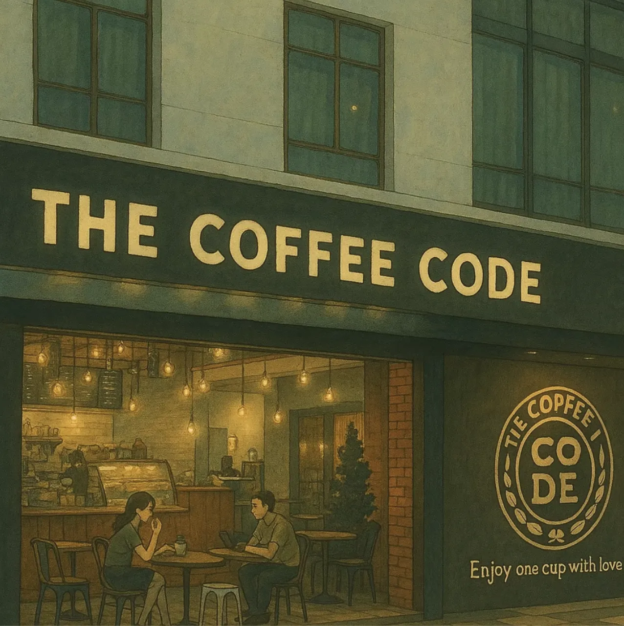 Ghibli-style commercial artwork of a modern café exterior at night, warm hanging lights glowing inside as two customers sit by the window, with a large illuminated sign reading ‘The Coffee Code.’