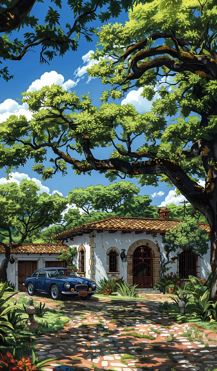 Ghibli-style countryside wallpaper featuring a white stucco house with terracotta tiles, a vintage blue car, lush green trees creating soft dappled shadows, bright blue sky with fluffy clouds, and warm hand-painted textures. A wide, peaceful landscape suitable for desktop or mobile backgrounds.