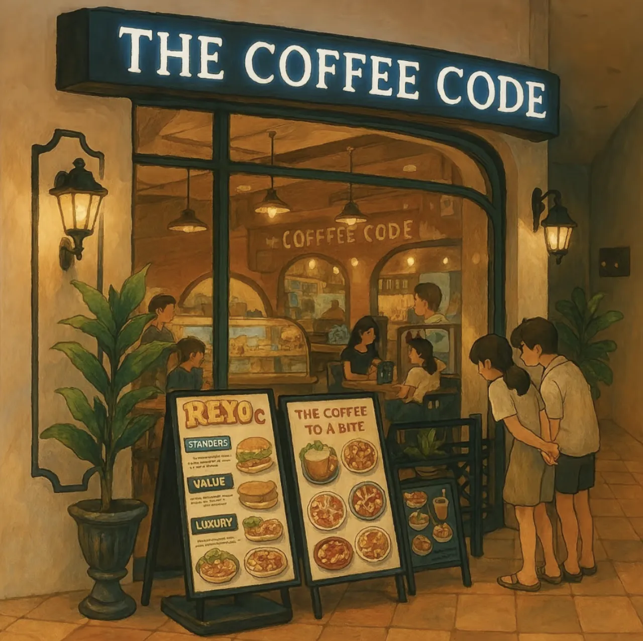 Ghibli-style illustration of a cozy street-side café at dusk, with warm golden lighting, menu boards outside, and children curiously looking into the shop as customers sit inside enjoying their drinks.