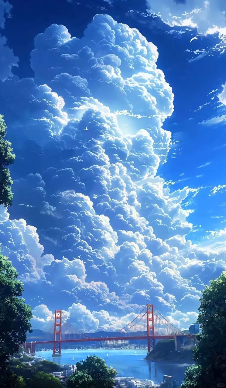 Ghibli-style widescreen landscape wallpaper featuring a towering cluster of dramatic, fluffy white clouds over a bright blue sky, with the Golden Gate Bridge spanning across a calm bay below, surrounded by lush greenery.