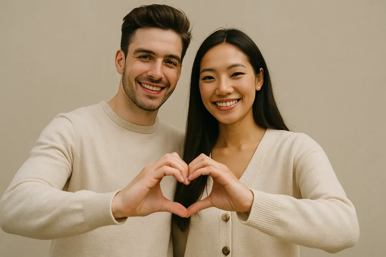A smiling couple posing together and forming a heart shape with their hands, standing against a simple beige background.