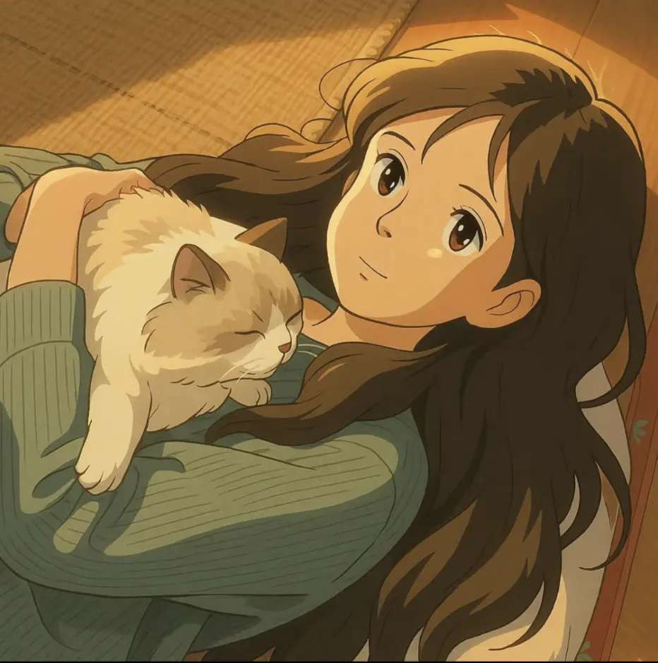 Ghibli-style portrait of a young woman with long flowing hair lying down while gently holding a fluffy cream-colored cat, illuminated by warm soft light with hand-painted textures and a cozy, calming atmosphere.