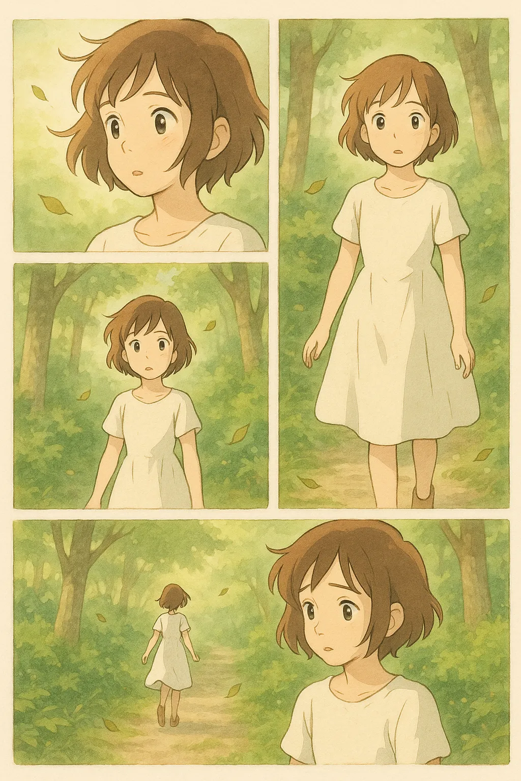 Ghibli-style comic sequence showing a young girl with short brown hair in a simple white dress walking through a peaceful forest path, illustrated with soft pastel colors, gentle lighting, and hand-drawn watercolor textures across multiple storytelling panels.
