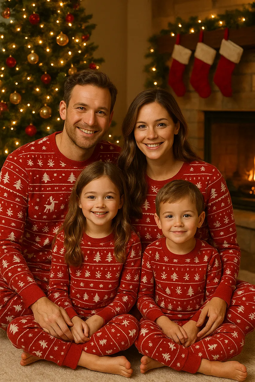 Photorealistic Christmas family portrait of four wearing matching red holiday pajamas, sitting together in front of a decorated tree and fireplace with warm festive lighting.