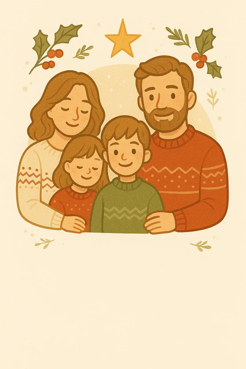 Cozy Christmas family illustration with warm colors, festive holly and star decorations, and a large blank space below for greeting text.