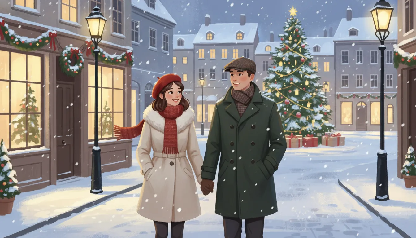 Romantic Christmas illustration of a couple walking hand-in-hand on a snowy street with warm festive lights and gently falling snow.