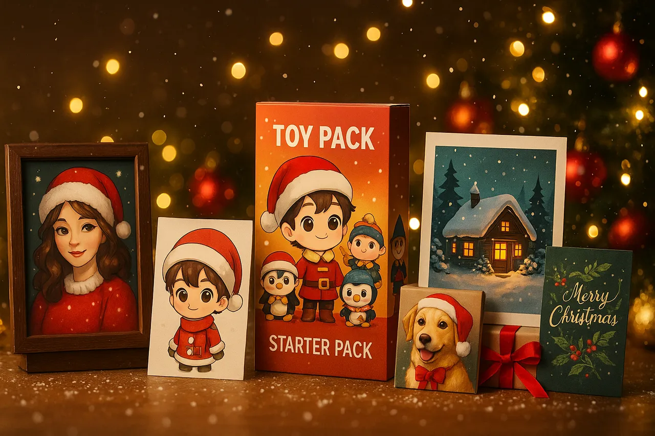 Christmas-themed display of AI-generated gifts including framed portraits, chibi character art, a toy starter pack box, a winter cabin illustration, and a cute dog card with festive holiday lighting.