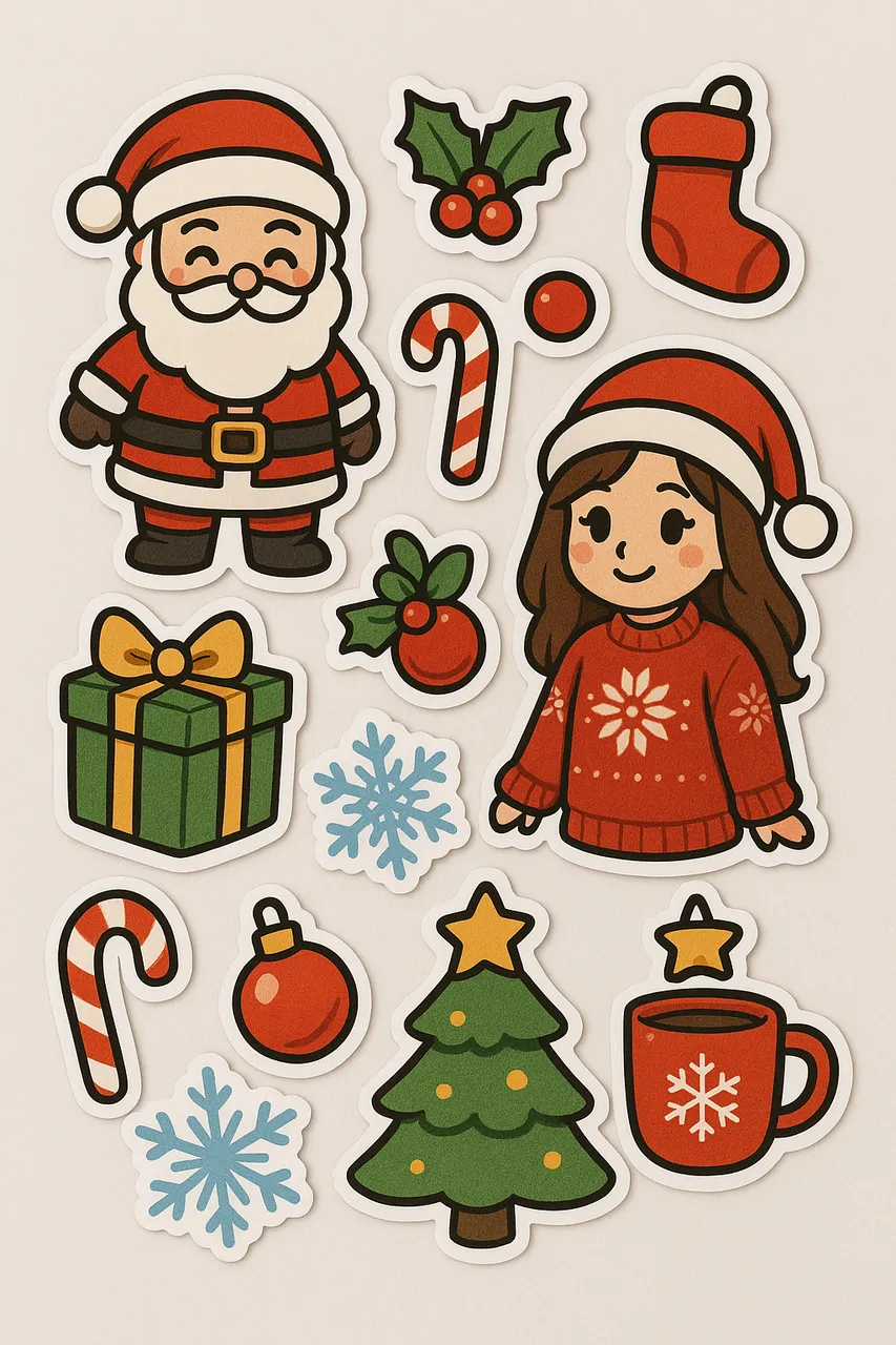 Christmas sticker pack featuring chibi Santa, a girl in a Santa hat, candy canes, holly, gifts, snowflakes, ornaments, a Christmas tree, and festive icons with bold outlines and vibrant colors.