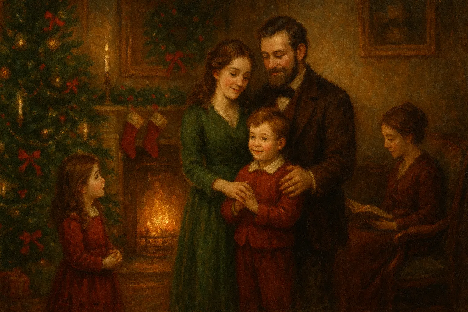 A warm Victorian-style Christmas oil painting of a family gathered beside a glowing fireplace, with parents and children sharing a cozy holiday moment near a decorated Christmas tree, rich textured brushstrokes, classic festive atmosphere.