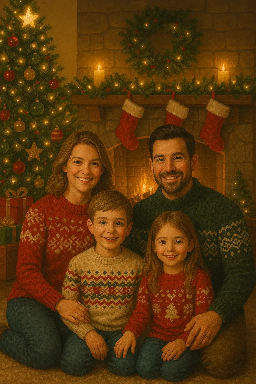 Cozy family Christmas portrait in front of a decorated fireplace and tree, with warm golden lighting and festive holiday atmosphere.