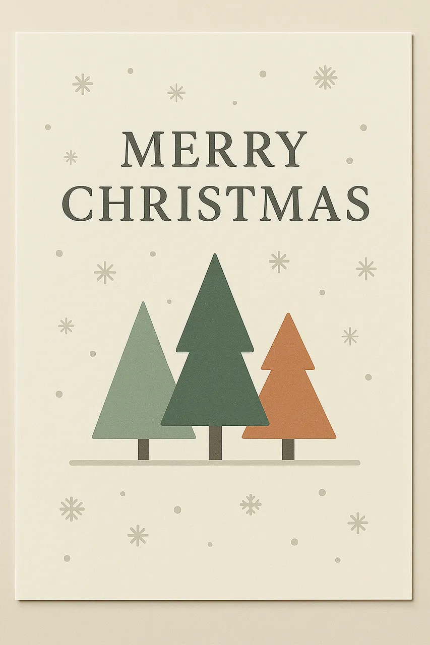 Minimalist Scandinavian-style Christmas card with simple tree illustrations, clean typography, and soft winter snowflake accents.