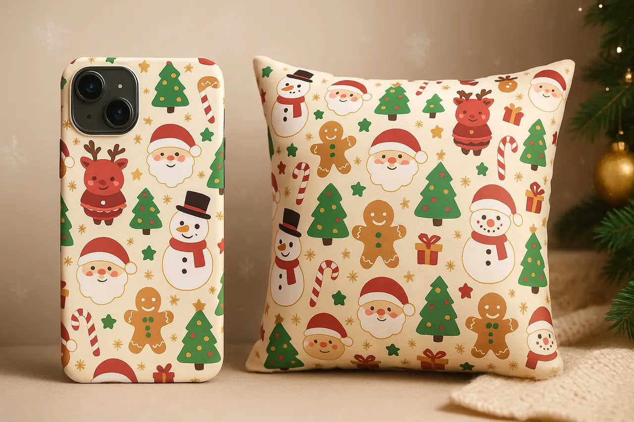 Christmas-themed phone case and pillow featuring a seamless pattern of Santa, snowmen, reindeer, gingerbread men, and festive icons in a cute pastel style.