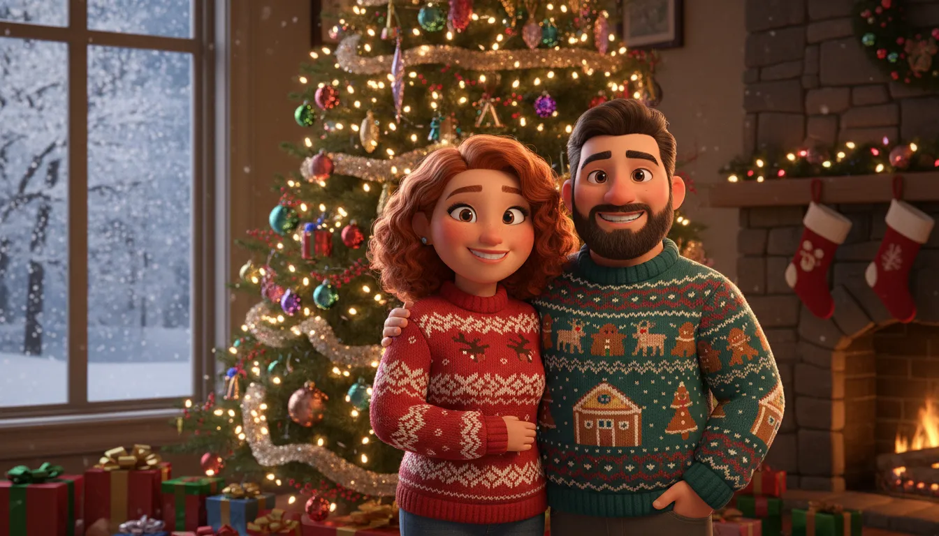 Pixar-style Christmas portrait of a smiling couple standing in front of a glowing Christmas tree with warm golden lights and gentle snowfall outside the window.