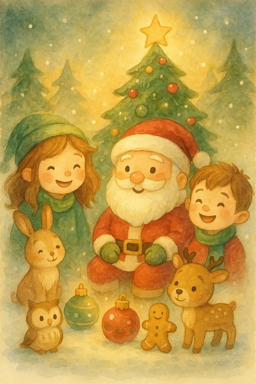 Whimsical watercolor Christmas illustration featuring Santa, smiling children, a bunny, an owl, and a reindeer around a glowing Christmas tree.