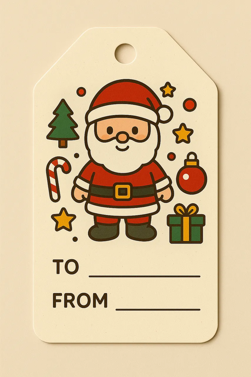 Cute printable Christmas gift tag featuring a chibi Santa with simple festive icons and “To / From” lines on a minimal cream background.