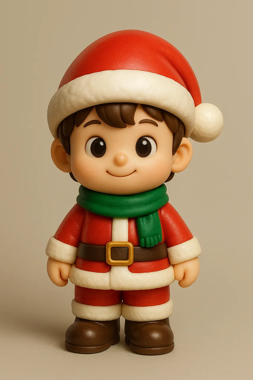 3D chibi-style Christmas figure wearing a Santa outfit and green scarf, rendered with glossy toy texture and soft shadows.