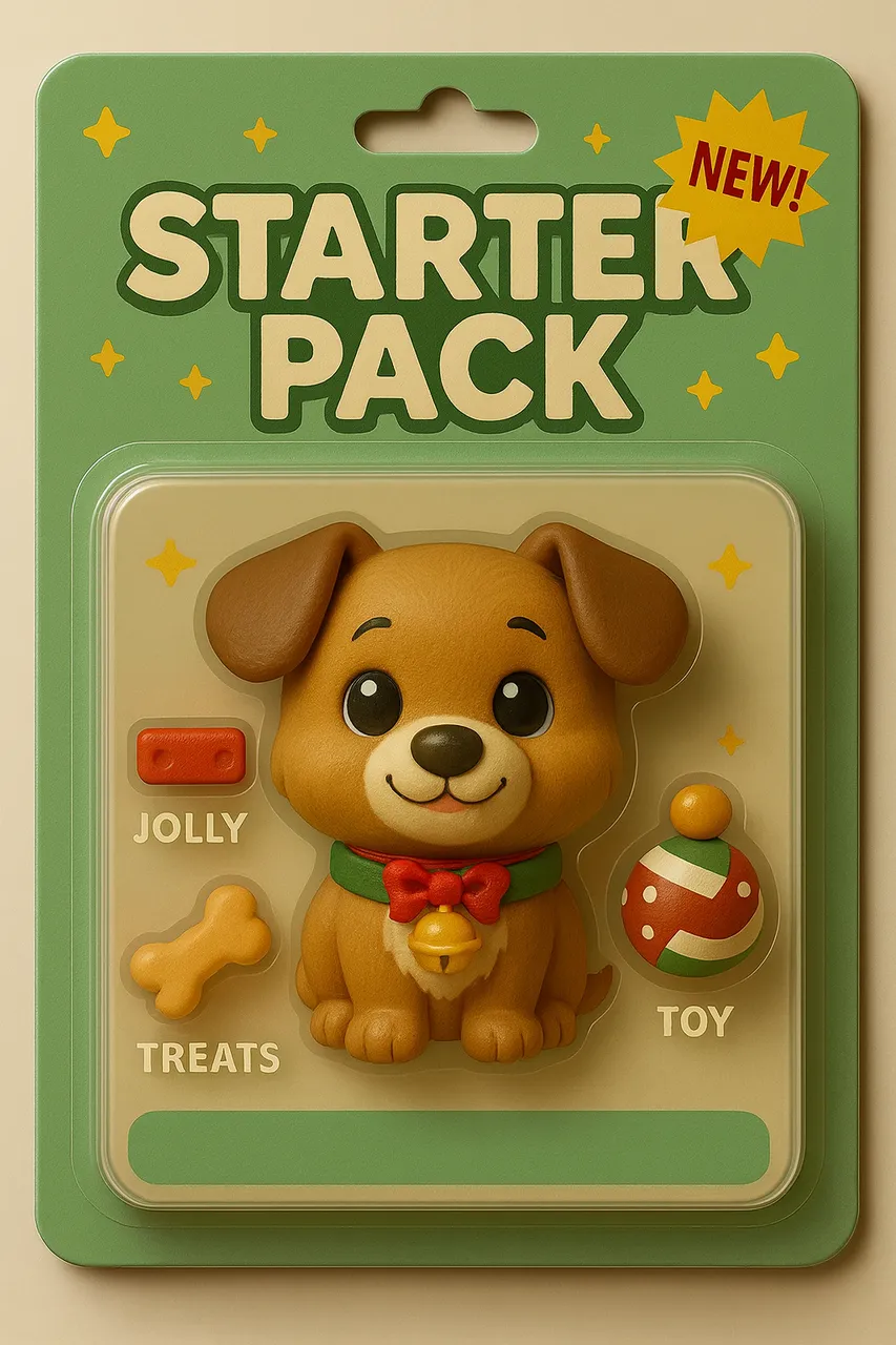 Christmas Starter Pack toy packaging featuring a chibi-style dog with big expressive eyes, holiday collar, treats, and Christmas toy ball in a pastel green blister pack.