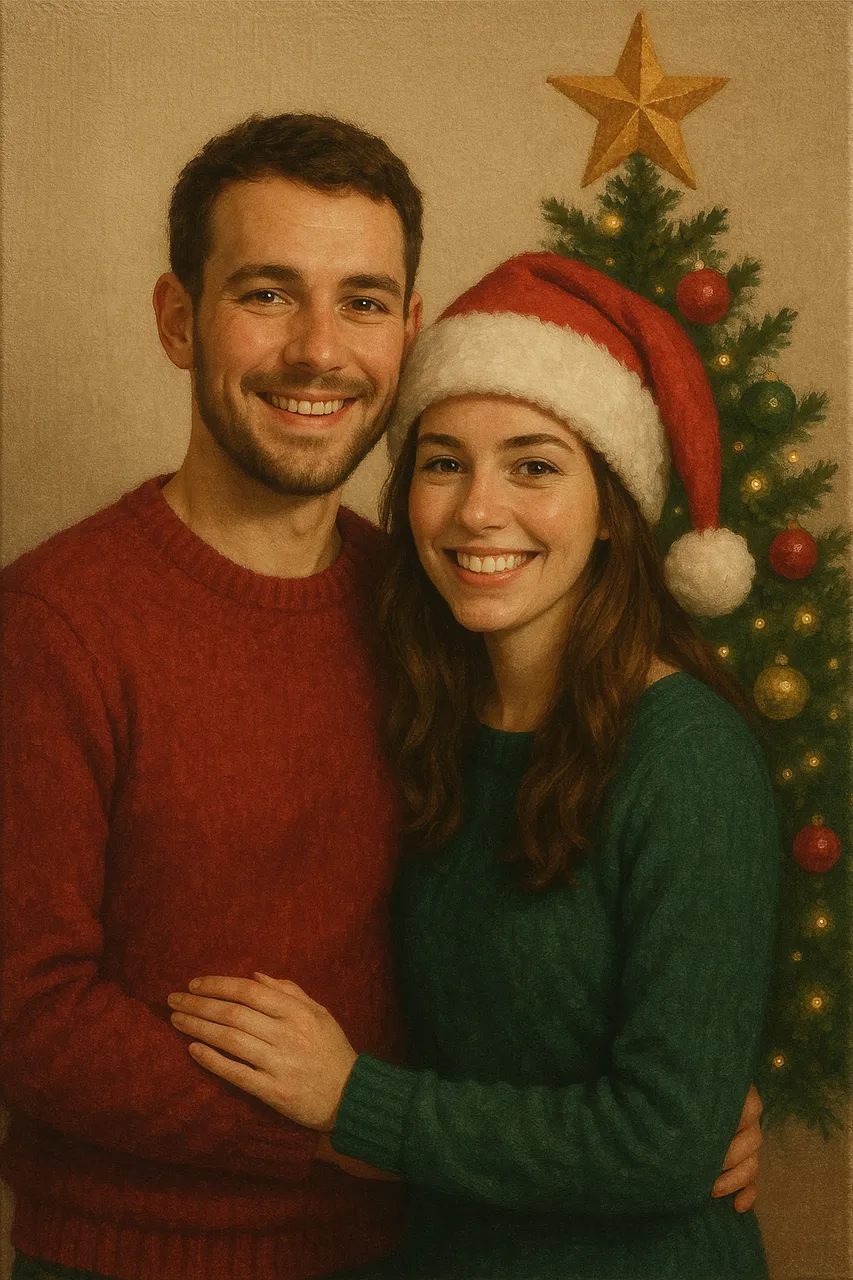 A warm Christmas portrait of a smiling couple standing together in cozy holiday sweaters, with the woman wearing a Santa hat and a decorated Christmas tree in the background, styled like a soft textured canvas painting.