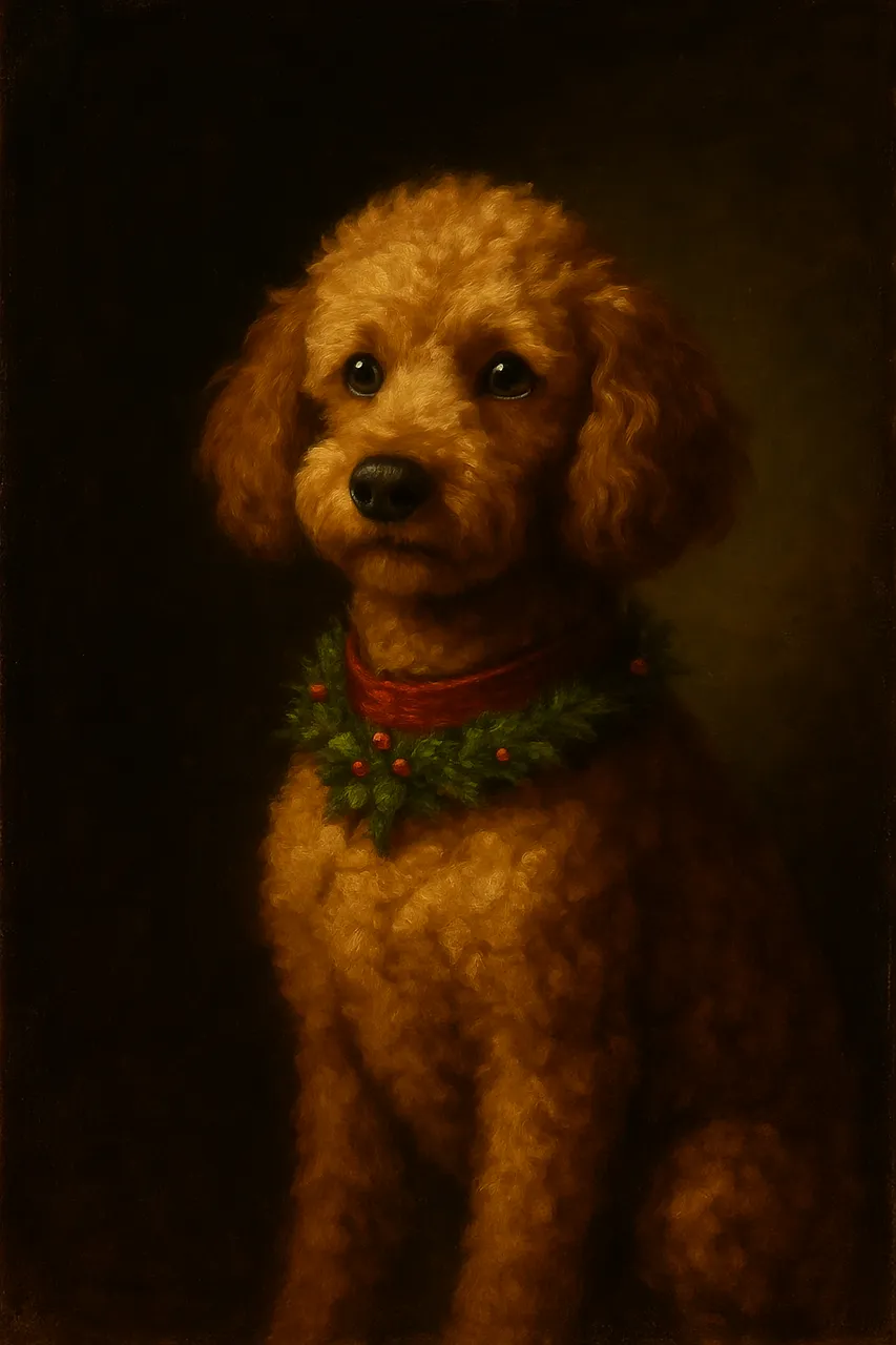 Classical Christmas oil painting portrait of a dog with dramatic warm lighting, detailed textured fur, and a festive wreath collar against a dark vintage backdrop.