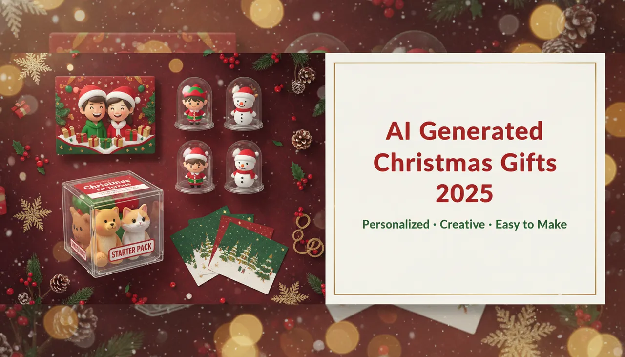 Christmas-themed banner featuring AI-generated gift concepts including chibi holiday characters, toy-style starter pack figures, festive cards, and decorative winter elements, with the title ‘AI Generated Christmas Gifts 2025’ on the right side.
