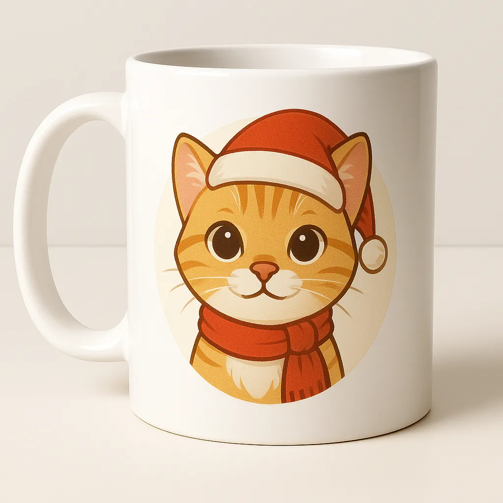 White ceramic mug featuring a cute Christmas cat illustration with a Santa hat and scarf in a circular design.