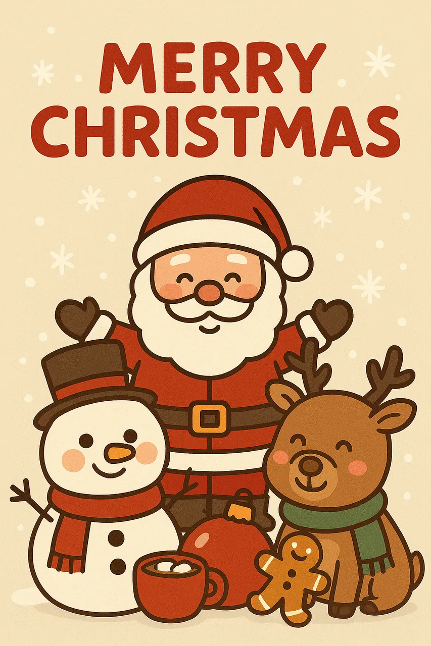 Cute Christmas card illustration featuring Santa, a snowman, and a reindeer in warm holiday colors with friendly cartoon style and festive snowflakes.