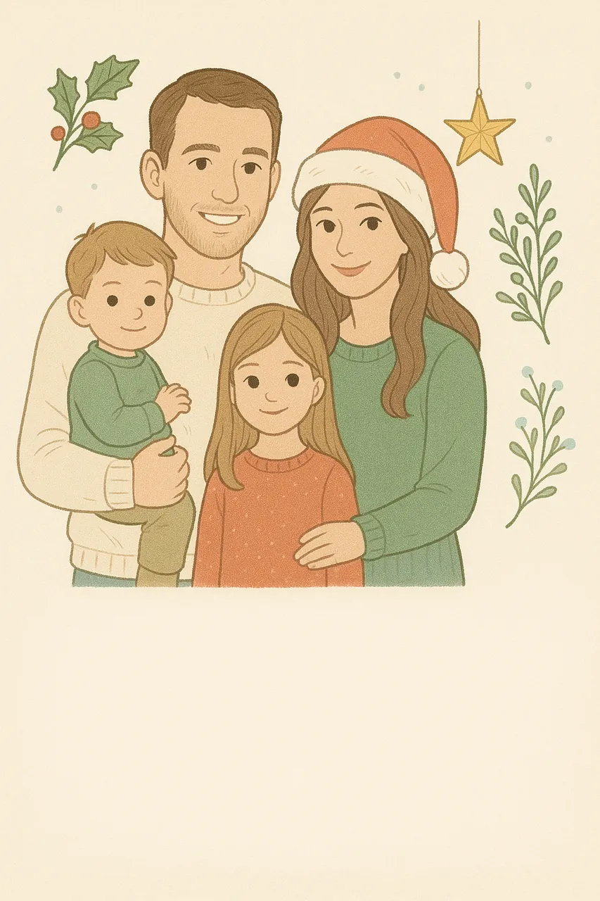 Cozy Christmas family illustration with festive decorations and a blank space for greeting text.