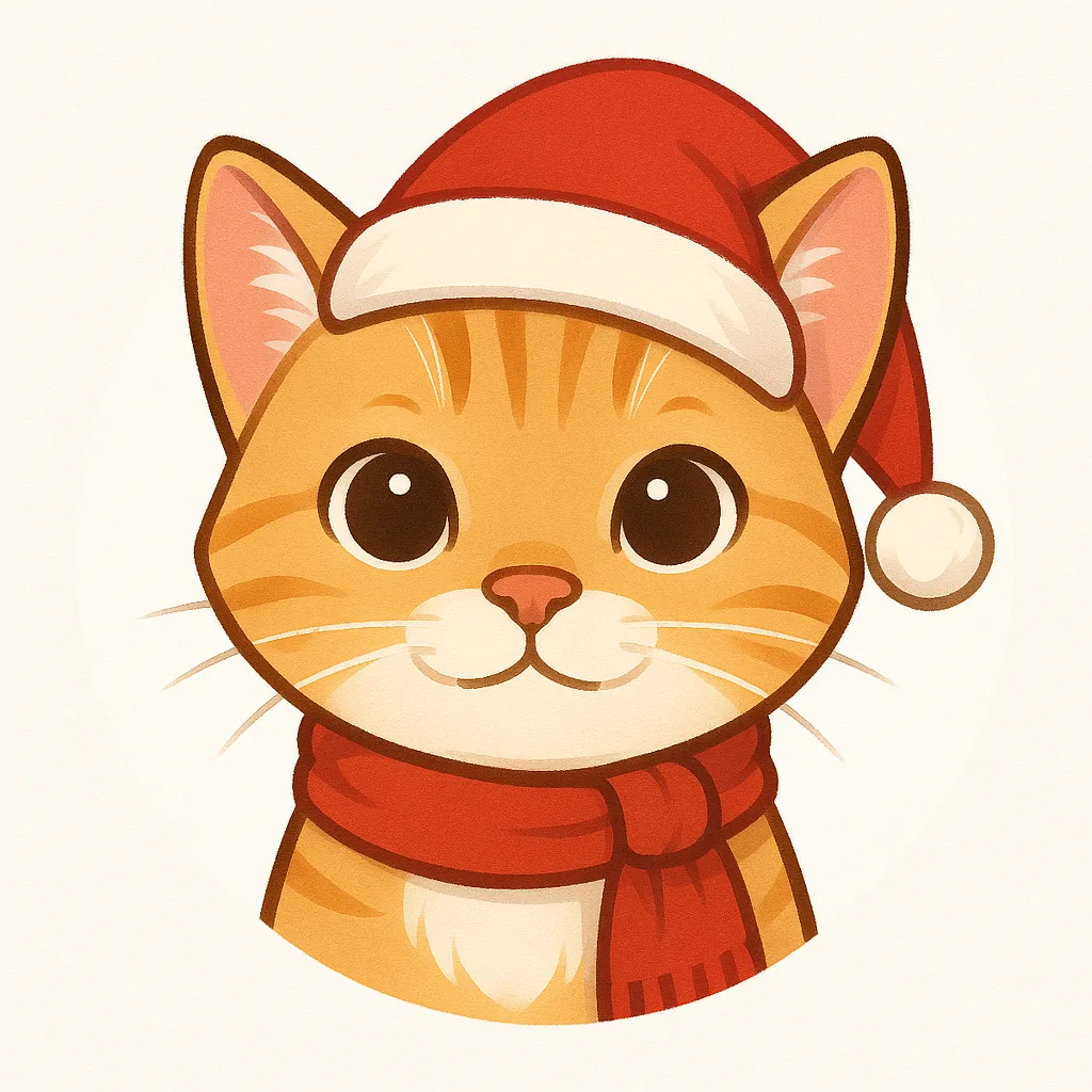 Cute Christmas pet portrait of an orange tabby cat wearing a Santa hat and scarf, centered on a clean white background, ideal for circular crop.