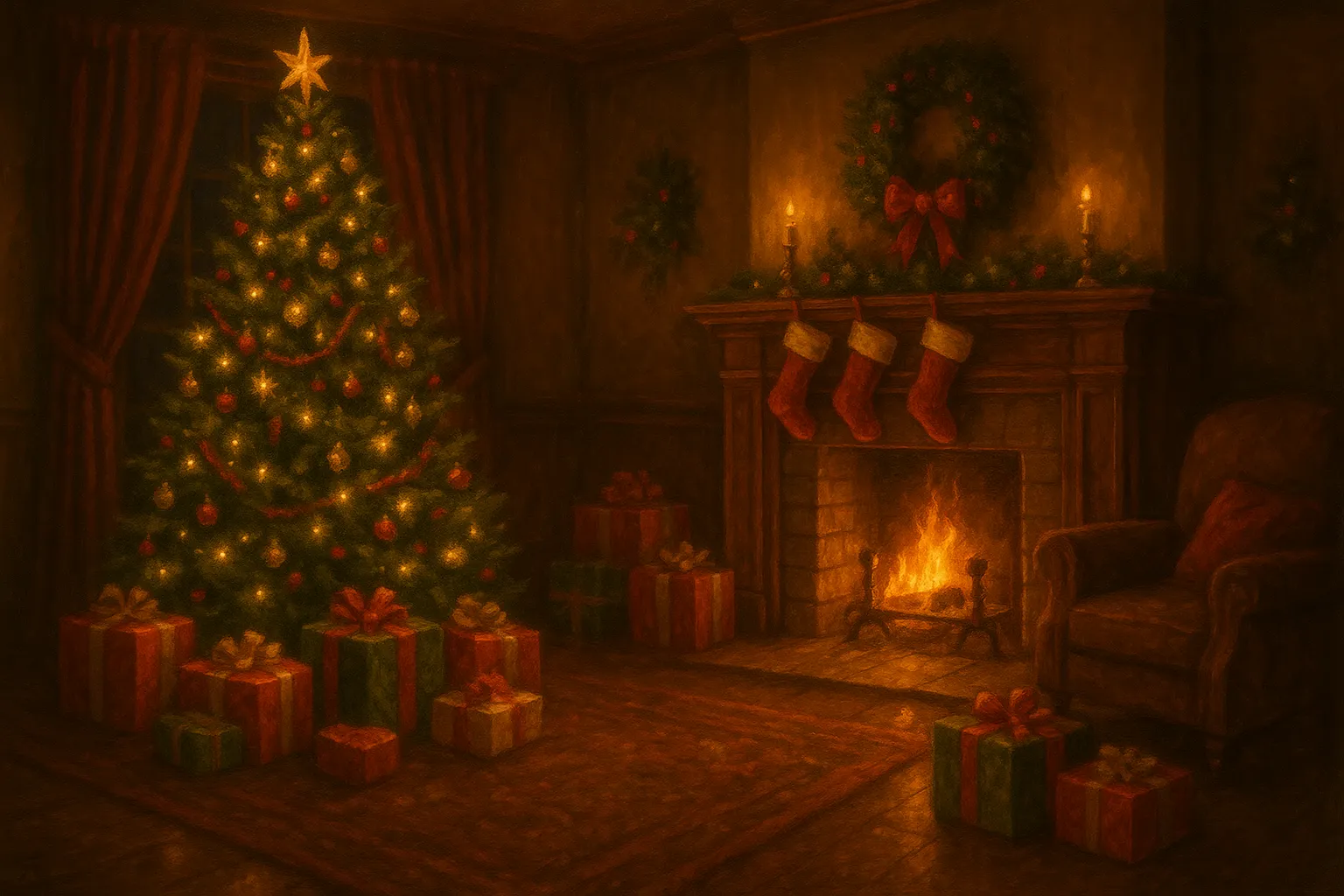 A cozy Christmas living room with a glowing fireplace, a decorated Christmas tree with warm lights, stockings on the mantle, wrapped gifts on the floor, and a soft festive warm atmosphere.