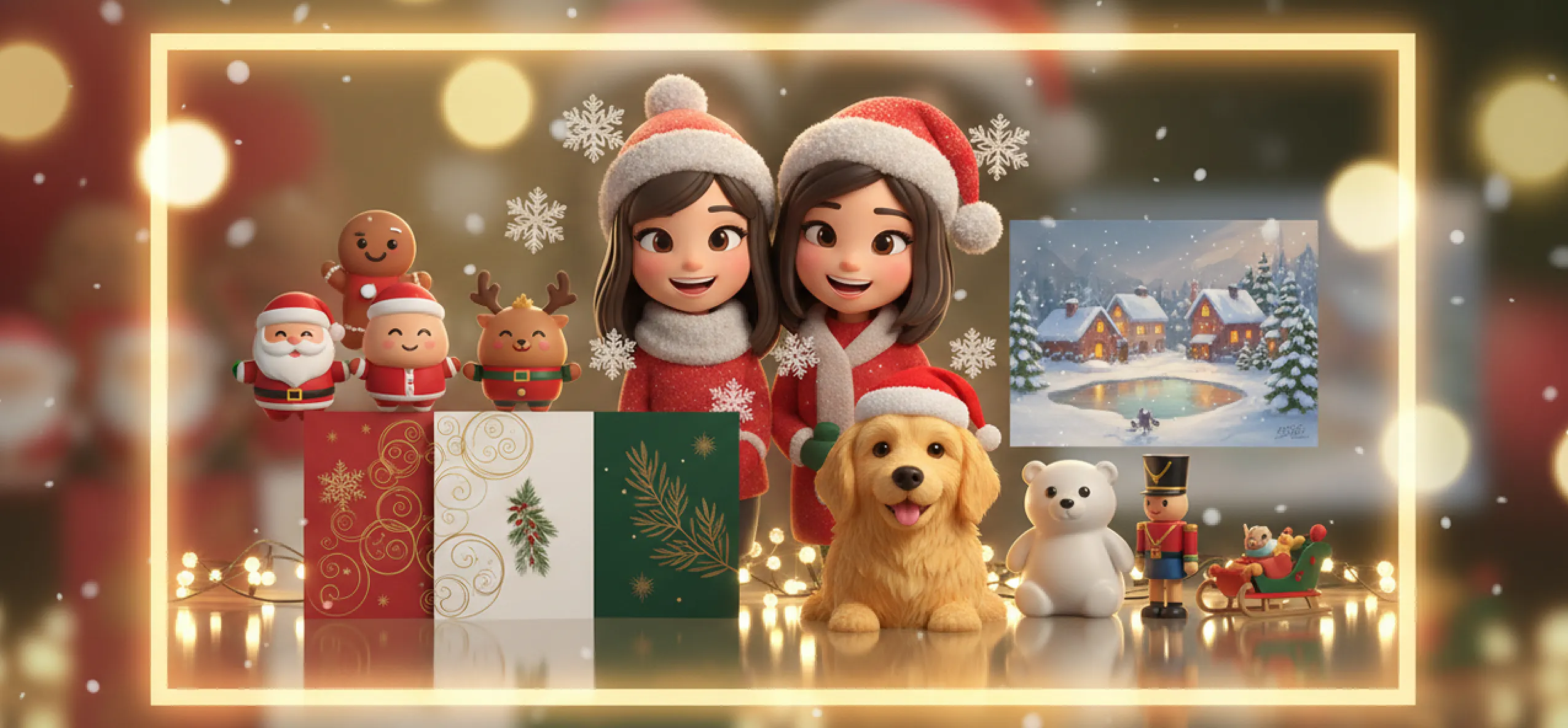 AI-generated Christmas gift banner featuring festive portraits, chibi characters, pet illustrations, holiday cards, and 3D toy-style figures with warm golden lights and snowy bokeh.