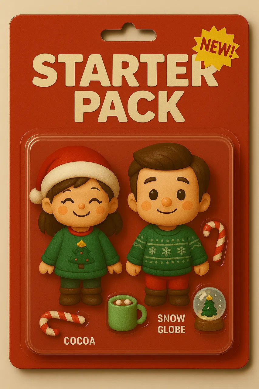 Christmas Starter Pack toy packaging featuring cute chibi couple figures with holiday sweaters, candy canes, cocoa mug, and snow globe in a red festive blister pack.