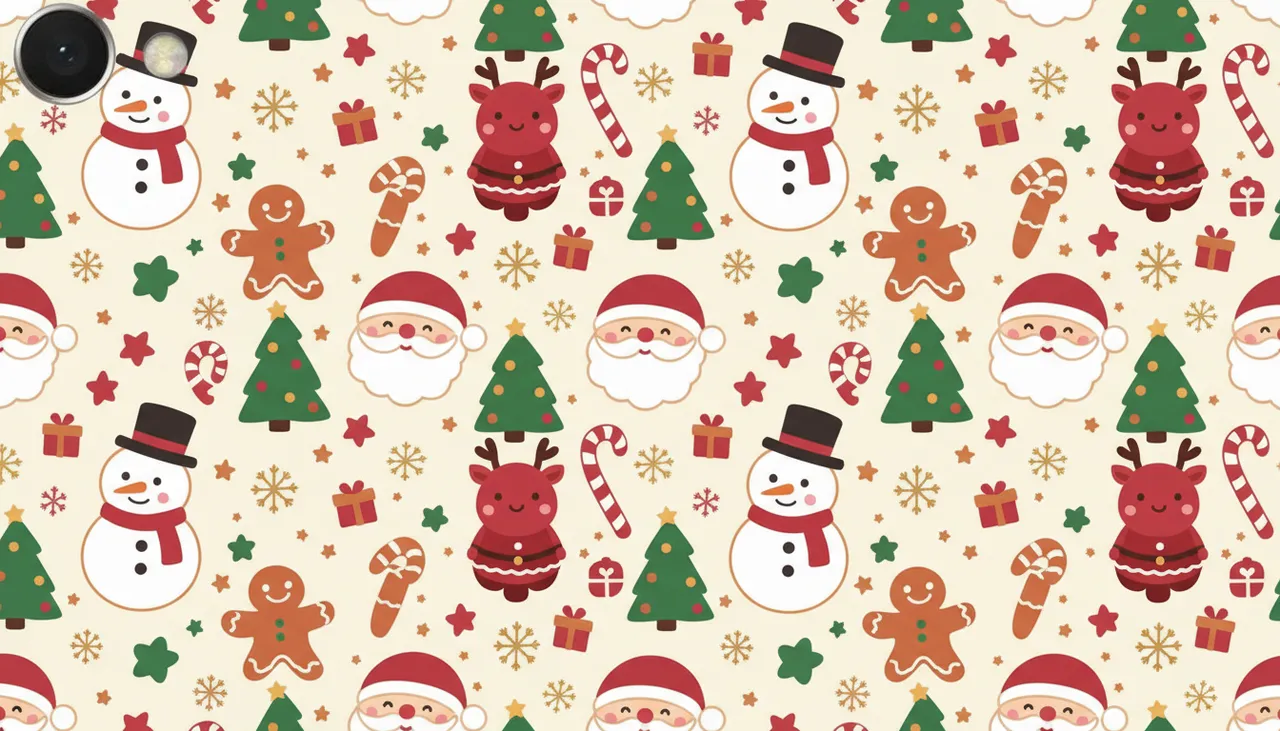 Seamless Christmas pattern featuring cute Santa, snowmen, reindeer, Christmas trees, gingerbread men, candy canes, and festive icons in a warm pastel style.