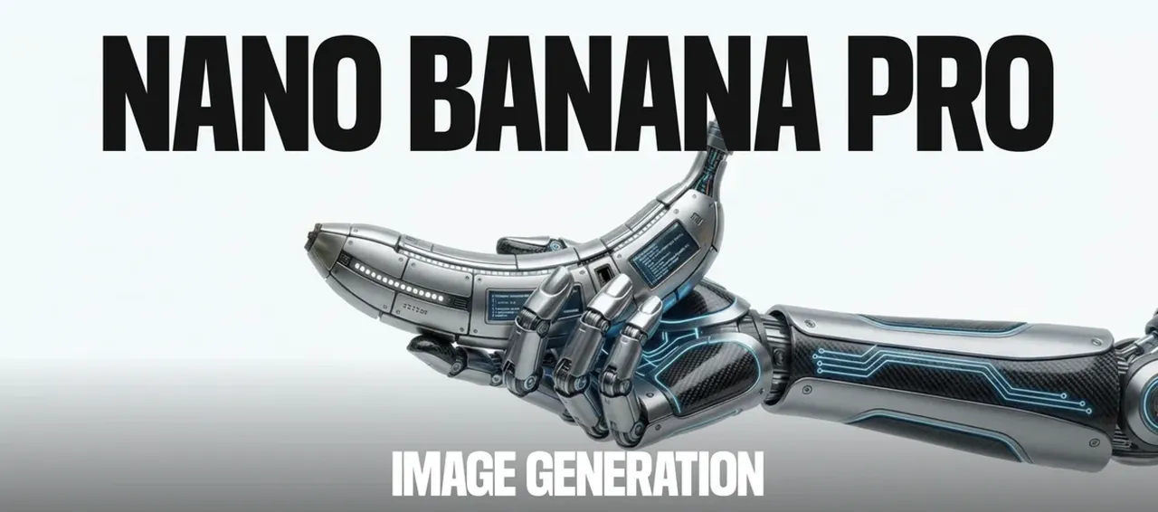 A robotic hand holding a futuristic metallic banana labeled Nano Banana Pro.